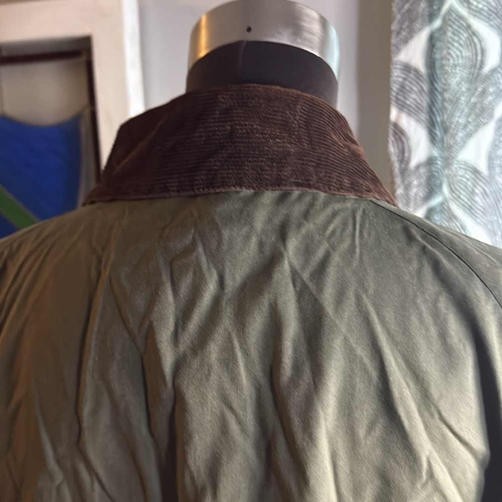 J McLaughlin Waxed Cotton Chore Coat SZ Medium Olive Green Plaid Lining - Picture 7 of 10